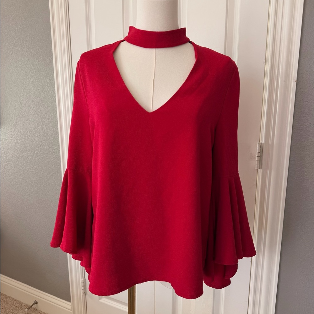 Wayf Vibrant Red V-Neck Choker Blouse